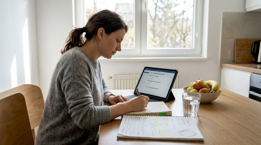 Un nutriționist își organizează meniul la masa din bucătărie, atent la fiecare detaliu pentru a crea mese echilibrate și sănătoase.