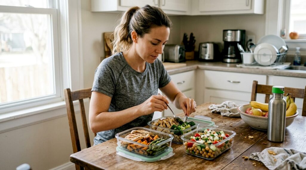O femeie pregătește farfurii cu mâncare echilibrată, bogată în proteine, având grijă să combine ingredientele astfel încât să ofere o masă sănătoasă și nutritivă.