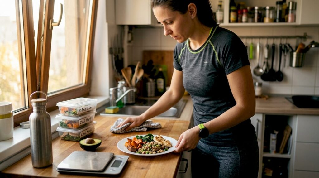 O femeie pregătește o masă sănătoasă pentru antrenament într-o bucătărie luminoasă.