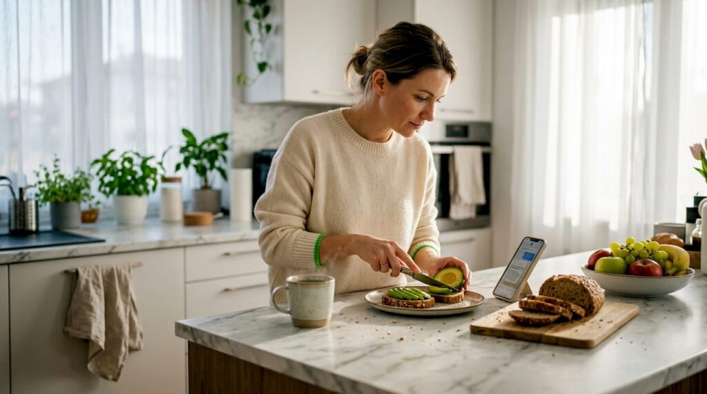 Pregătesc un mic dejun sănătos în bucătăria scăldată în lumină.