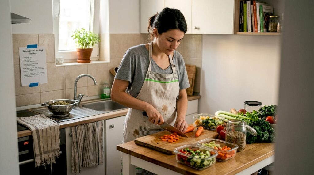 O femeie pregătește mâncăruri vegane în bucătărie, atentă la fiecare ingredient și la modul în care combină aromele.